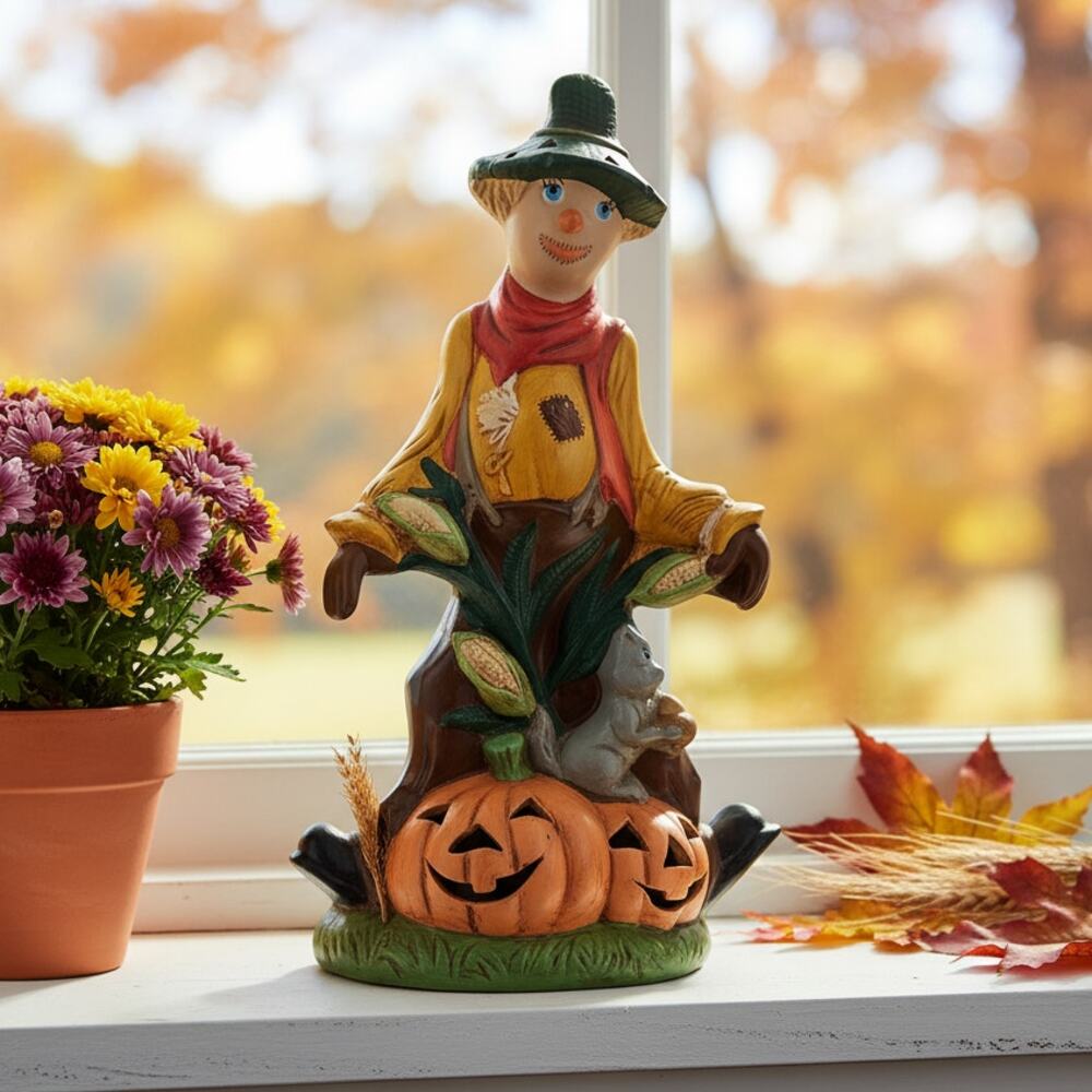 Vintage Ceramic Halloween Scarecrow & Pumpkin Luminary | 1970s Light-Up Decor